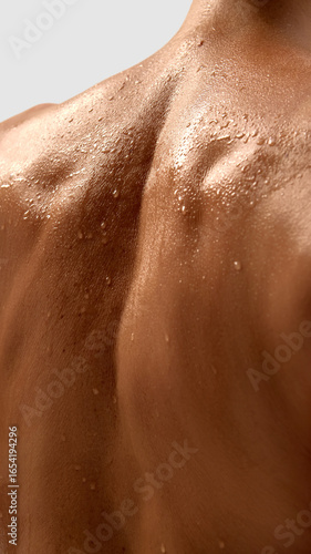 Close up of female muscular back with water drops on skin surface. Concept of body care, hygiene, wellness, medical examination, dermatology, and aesthetic treatment.