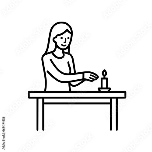 Woman with candle on table illustration in simple black and white line art style for design use cases