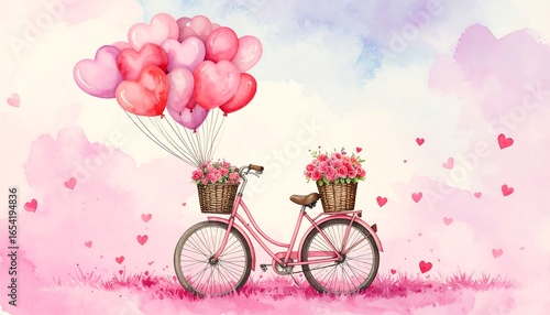 Watercolor Pink Bicycle with Heart Balloons and Roses