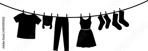 clothesline with clothes hanging, white background, vector