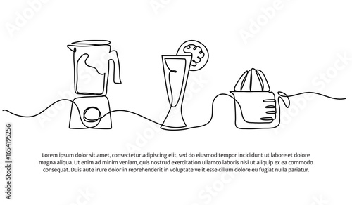 Continuous line design of juice making. Single line decorative element drawn on white.