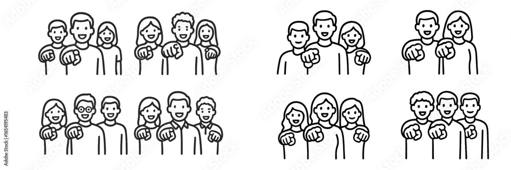 Group of diverse people smiling and pointing at the viewer during a casual gathering in a lively urban setting Group of diverse people smiling and pointing at the viewer during a casual gathering in a lively urban setting