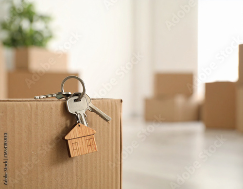 Keys with House Keychain on Moving Box, First Apartment, First Home