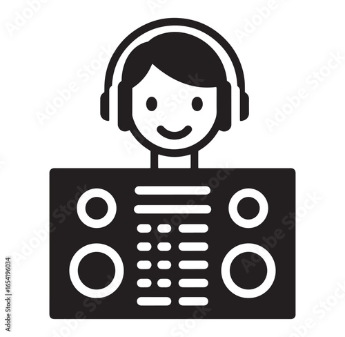 Illustrated black and white vector graphic of a dj with headphones and sound mixing console