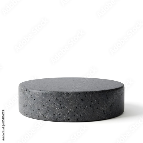 Dark grey basalt podium with fine natural pores, matte finish, photorealistic lighting, isolated on pure white background.
