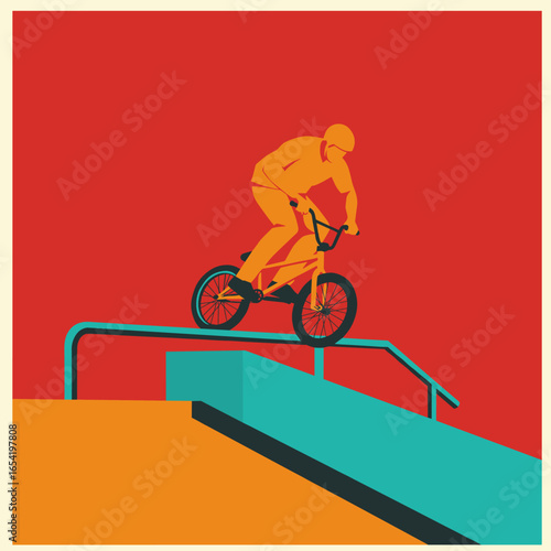 Dynamic cyclist performing bmx trick on vibrant geometric background