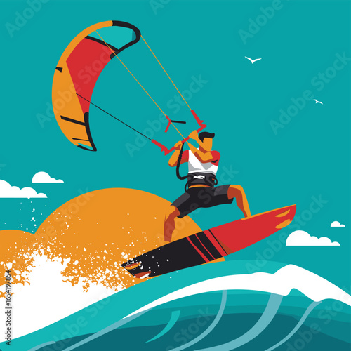 Dynamic kiteboarding adventure on a sunny day with splashing waves
