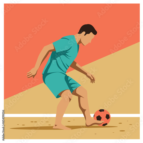Barefoot soccer player dribbling in minimalist style with geometric background