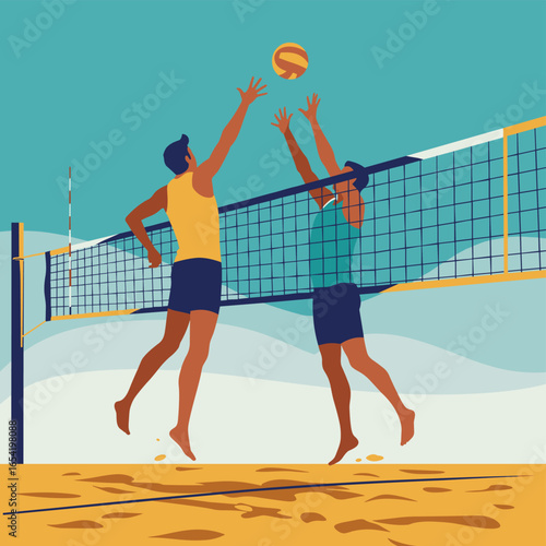 Beach volleyball match with players jumping silhouette under a bright sky