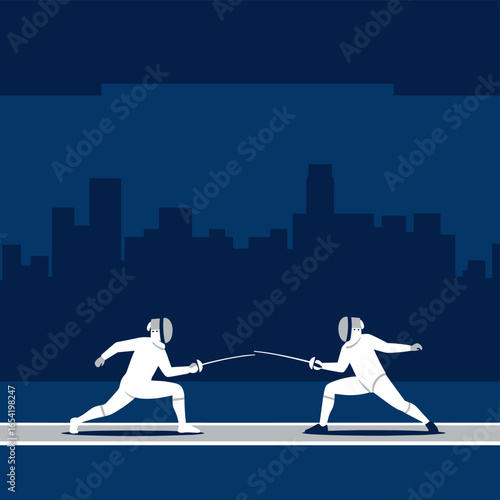 City night duel: fencing athletes compete on urban skyline silhouette