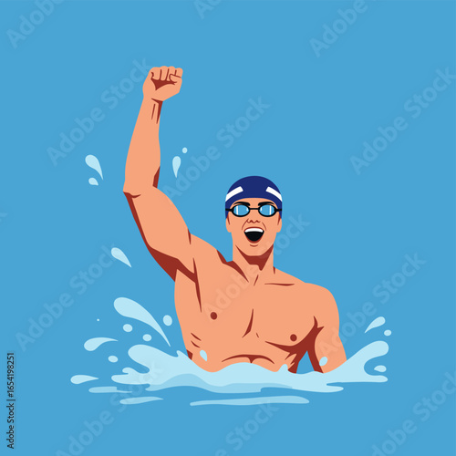 Celebratory swimmer with raised fist breaking water in excitement