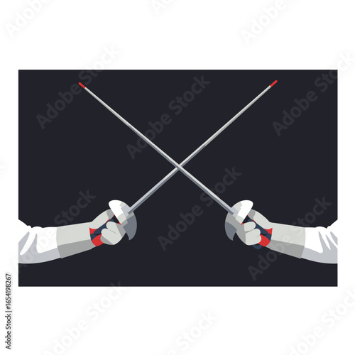 Dynamic fencing duel with crossed sabres in flat minimalist design on black background