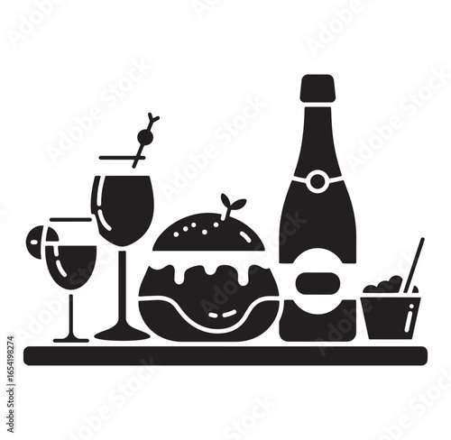 Elegant black and white illustration of a gourmet meal with drinks and dessert