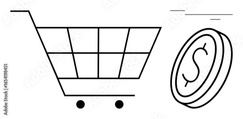 Shopping cart with two wheels paired with rolling coin portraying commerce, financial transactions, and consumerism. Ideal for online shopping, retail, budget, economy, saving, payment concept