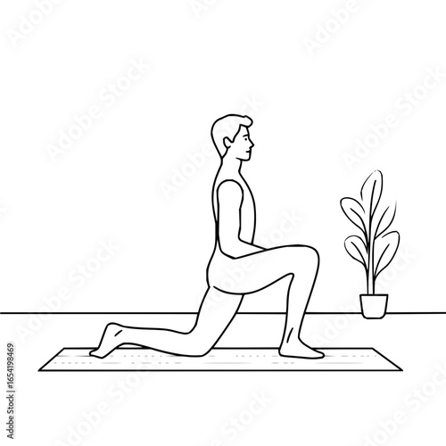 Man doing lunges exercise workout fitness training at home with plant and mat for health and wellness routine