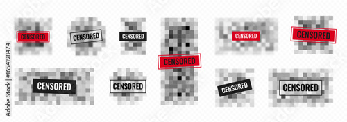 Censored blur bars with pixelated backgrounds and censor text labels in black or red for content restriction. Privacy protection stamps with mosaic patterns for blocking confidential media data.