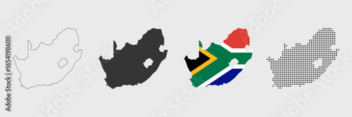 South Africa map detailed in outline, black, flag color, and dotted style