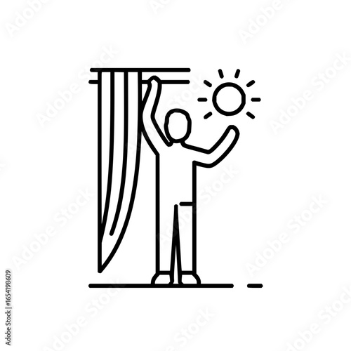 Opening curtains sun morning light window reveal bright day sunshine person silhouette home interior decor 100
