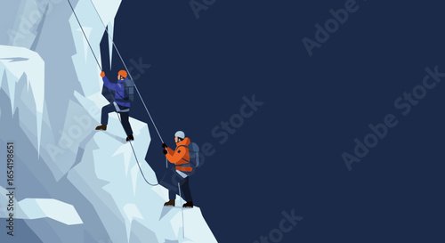 Adventure climbing scene with male mountaineers scaling a snowy cliff