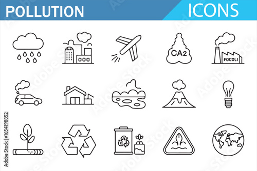 Minimalist Pollution Icons Illustrating Various Environmental Issues
