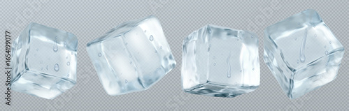 Crystal transparent ice cubes with water drops for cold drink designs. Frozen blocks with realistic reflections and melting droplets. Clear glass like shapes for beverage or cooling graphics.