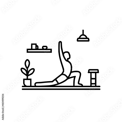 Yoga pose exercise at home with plant and shelf for wellness and healthy lifestyle vector illustration