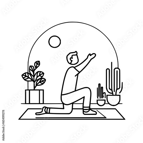 Man doing yoga pose exercise stretching at home with plant and cactus in line art illustration