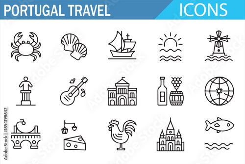 Portugal Exploration Icons Featuring Nature, Architecture, and Cuisine