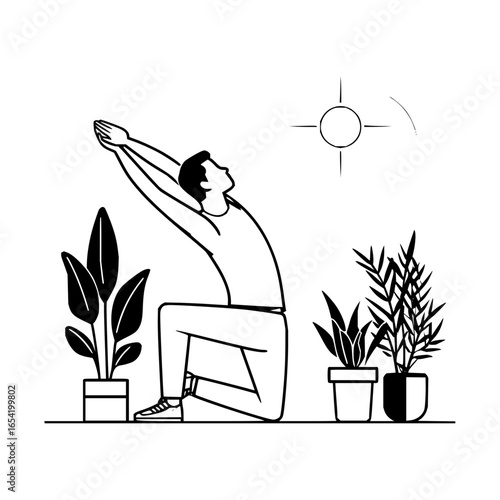 Yoga pose stretching exercise wellness sun plants indoor zen lifestyle healthy wellbeing stretching routine pose
