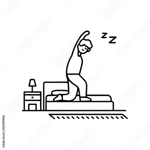 Man stretching morning routine bedroom wake up early bed sleep wellness lifestyle exercise health stretching