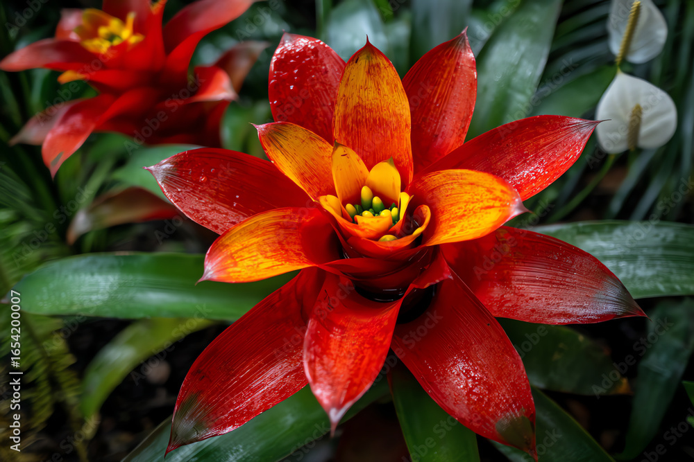 Fototapeta premium A vibrant red and orange bromeliad flower with glossy, water-dappled petals surrounded by green foliage in a tropical garden setting