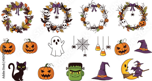 Spooky Halloween wreaths, pumpkins, ghosts, and witch elements for autumn fun