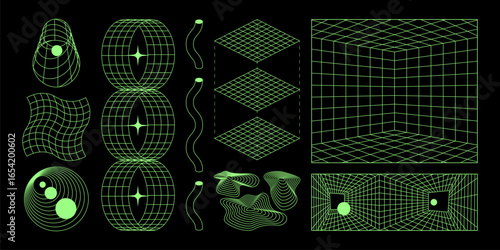 Geometric wireframes in cyber style with retro grid elements - neon green shapes, warped tunnels and dimensional cubes. Wave patterns, isometric layers with spheres and star for futuristic design.