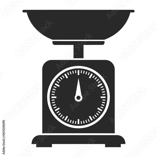 Illustration of a black and white kitchen scale with a bowl and a dial showing the weight readings vector
