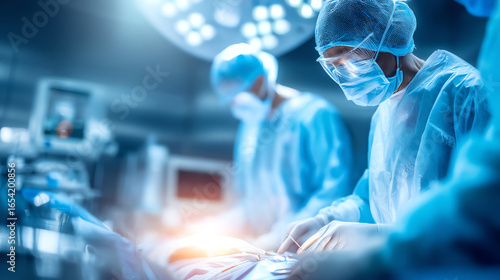 Surgeons in sterile blue gowns and masks perform a precise operation in a brightly lit, high-tech operating room with advanced medical equipment
