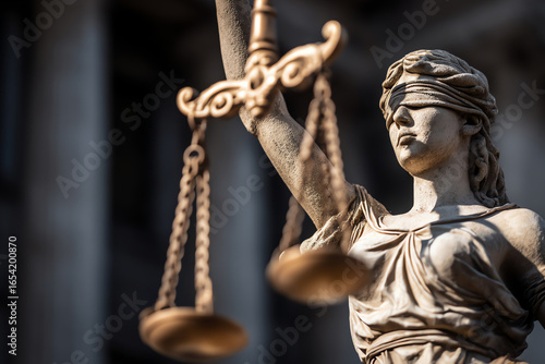 Close-up of the Lady Justice statue, blindfolded and holding balanced scales, symbolizing fairness and impartiality in the legal system