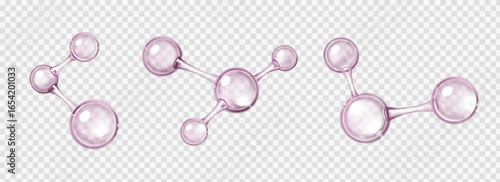 Glossy chemical molecules with atom connections - 3d pink spheres linked by bonds for science visualization. Transparent bubble particles in molecular chains for educational or cosmetic graphics.