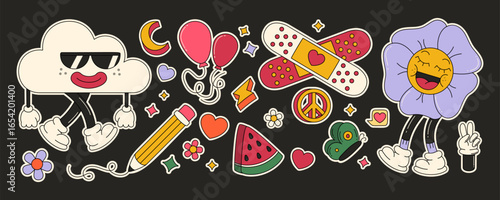 Retro flower character with smiling faces among groovy stickers including cool cloud, balloons, pencil, watermelon and peace symbol. Vintage elements with hearts and stars for nostalgic decorating.