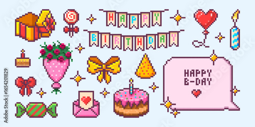Pixel birthday celebration elements with colorful banner, gift box, roses bouquet, cake and pink greeting card. Retro 8 bit party items of candy, bow and sparkles for digital game design or invitation