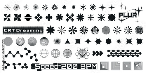 Graphic elements in techno aesthetics with y2k stars, retro flowers and geometric patterns for poster design. Spiral hypnotic circles blend with grid globes and wave lines for millennium style visuals