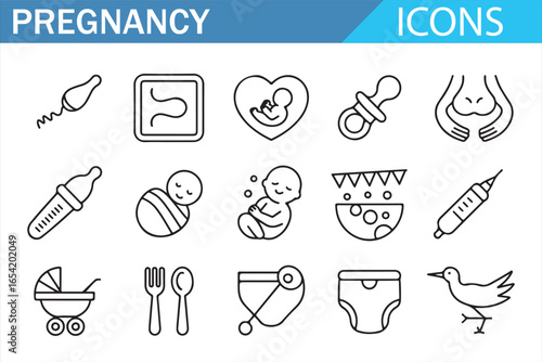 Pregnancy Icons Set for Maternal and Baby Care - Bottle, Diaper, Baby, Heart, and More