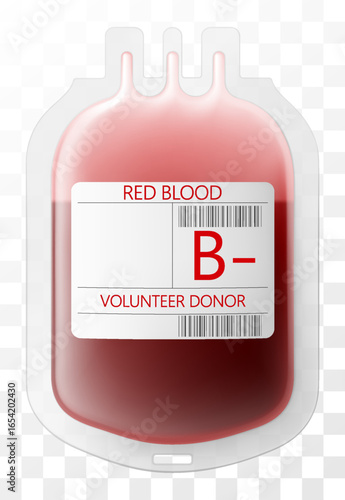 Medical dropper bag with blood B-. Blood injection and transfusion bag isolated on transparent background. Medicine and donation concept. Bag with blood and plasma. Realistic 3d vector illustration