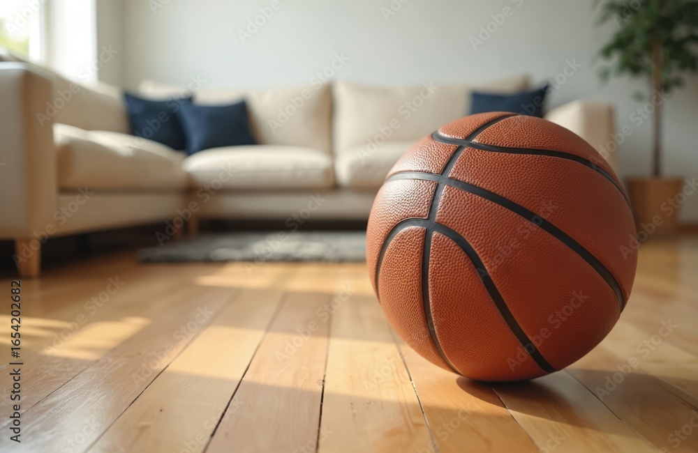 Obraz premium Leather basketball rests on a polished hardwood floor. Blurred living room background with sofa, pillows, rug. Bright indoor scene, clean surface, natural light. Sport object.