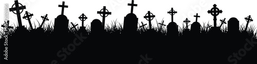 Spooky graveyard silhouette with crosses, perfect for Halloween designs