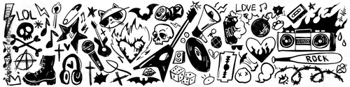 Chaotic punk rock doodle set with skulls, lightning bolts and rebellious graffiti elements for alternative music art. Boombox with boots, bats and anarchy symbols for underground culture designs.