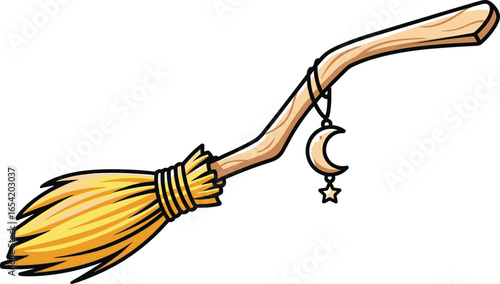 Whimsical cartoon broom with moon charm perfect for Halloween designs