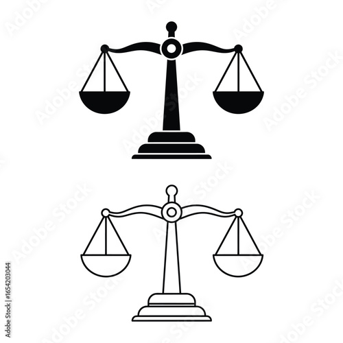 Two scales of justice depicted in black and white with one filled and one outlined design style vector