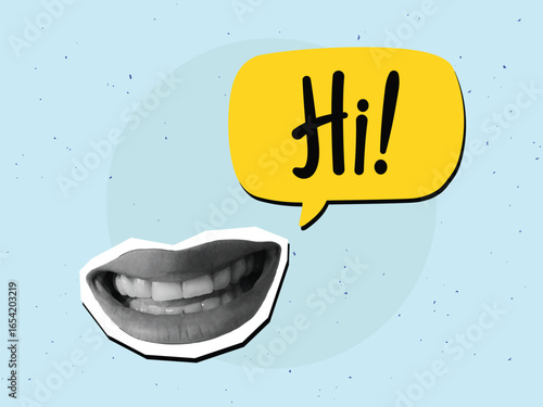 Black and white smiling mouth with a speech bubble with text Hi! Modern photo collage style. Vector illustration