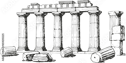 Sketch of ancient Greek temple ruins with Doric columns and fallen stone blocks ancient ruins Greek architecture