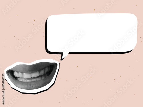 Black and white smiling mouth with an empty speech bubble with place for text. Modern photo collage style. Vector illustration